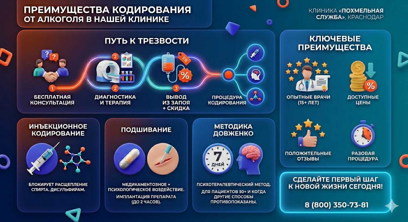 Инфографика о методах кодирования от алкоголя в Ялуторовске: инъекции, подшивание, метод Довженко. Преимущества клиники и этапы лечения.